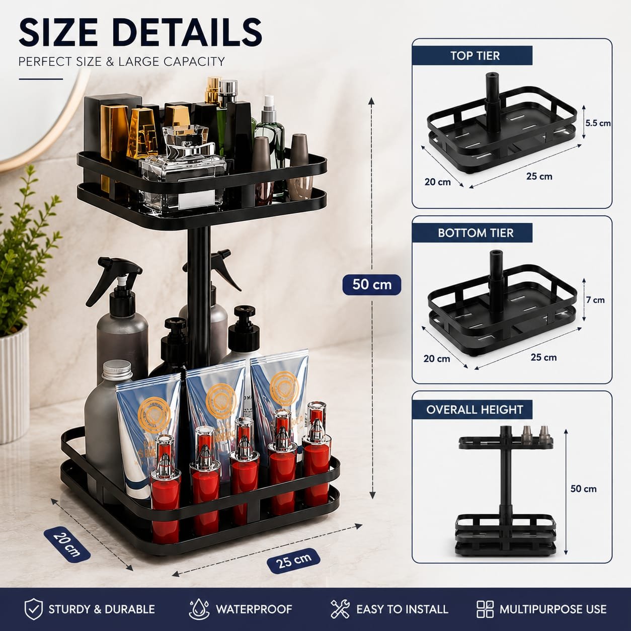 360° Rotating Kitchen Storage Rack | 2-Tier Organizer | For Spices, Oil Bottles, Sauces, Cosmetics | Waterproof & Easy to Clean